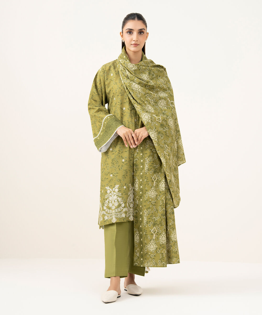 Women's Unstitched Cotton Embroidered Green 2 Piece Suit
