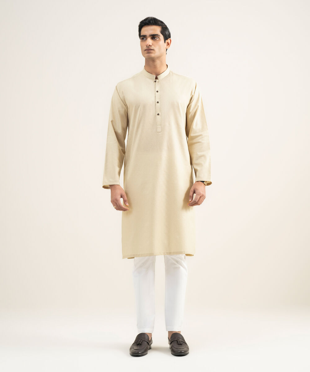 Men's Stitched Cotton Jacquard Beige Kurta