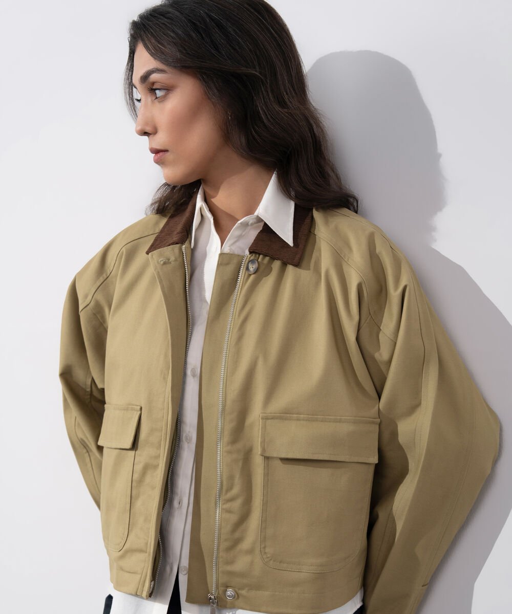 Women's Western Wear Khaki Corduroy Collar Twill Jacket