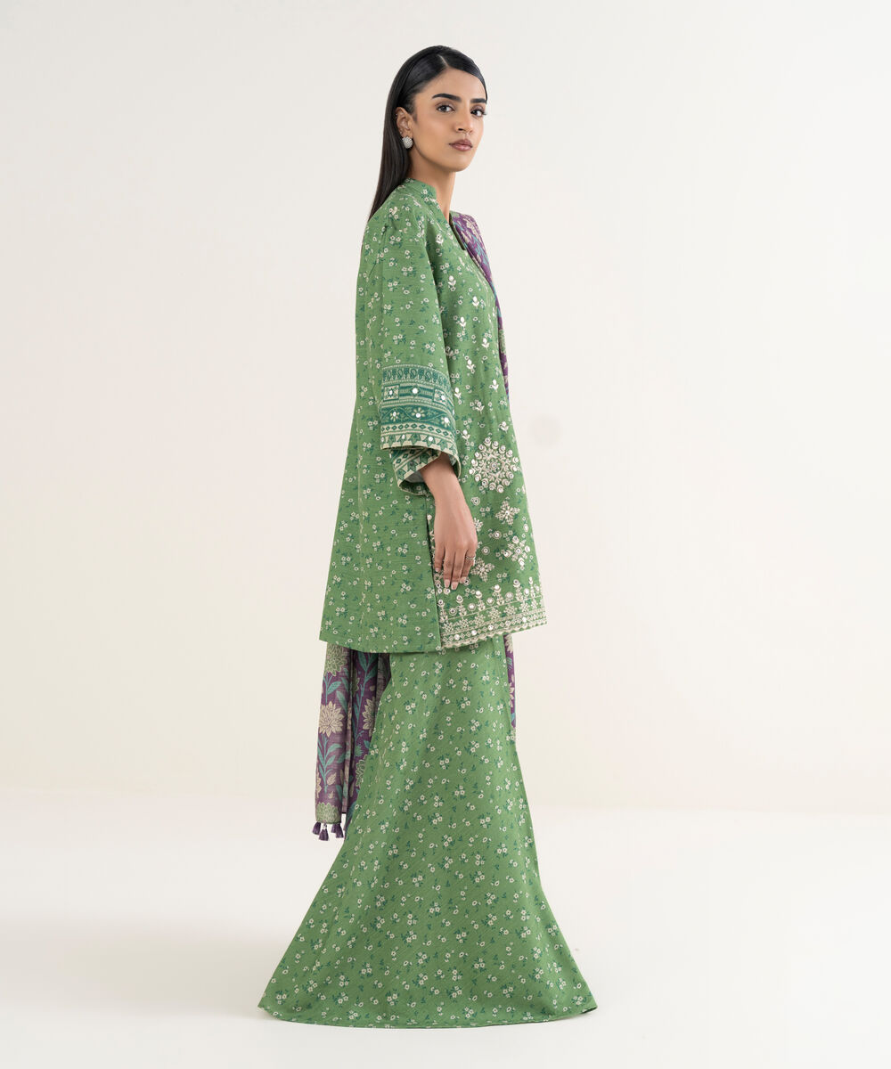 Women's Unstitched Embroidered Khaddar Green 3 Piece Suit