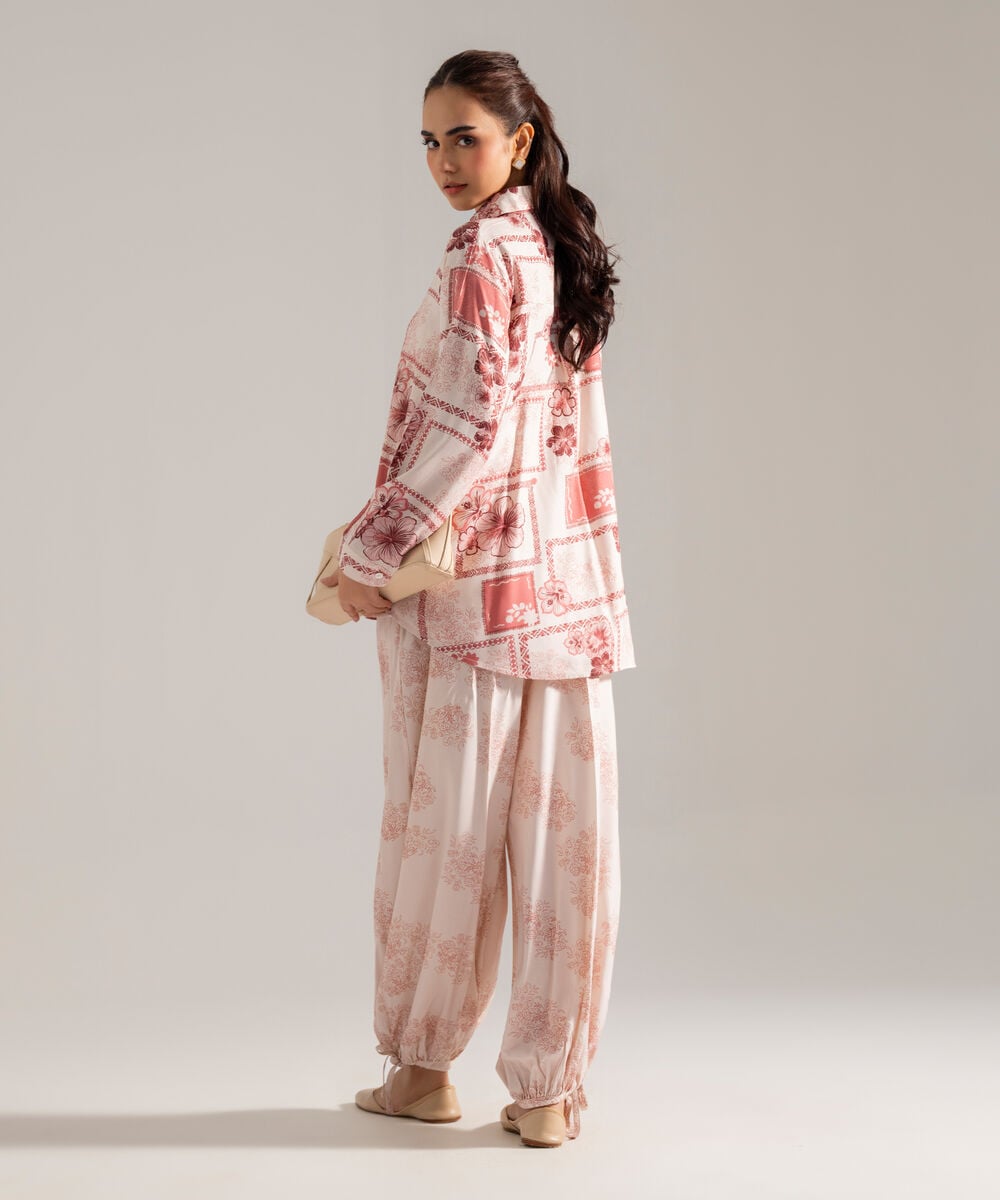 Women's RTW Printed Pink Viscose Linen 2 Piece Suit
