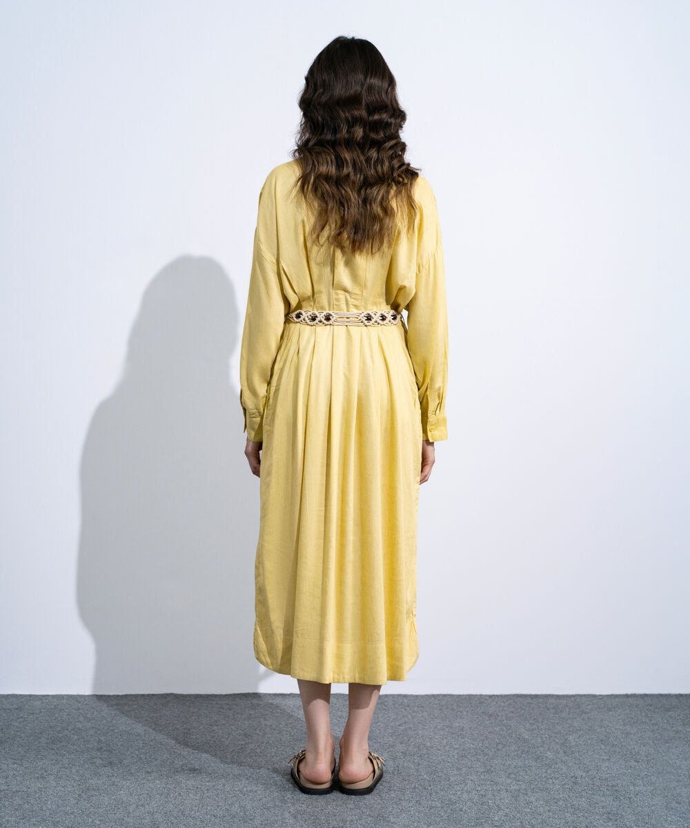 Women's Butter Yellow Linen Blend Dress With  Crochet Belt