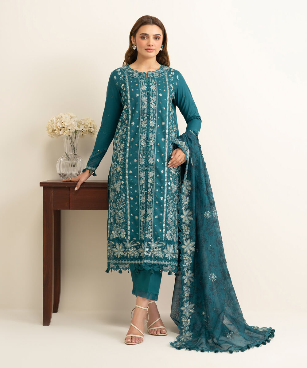 Women's Unstitched Fine Cotton Satin Embroidered Green 3 Piece Suit