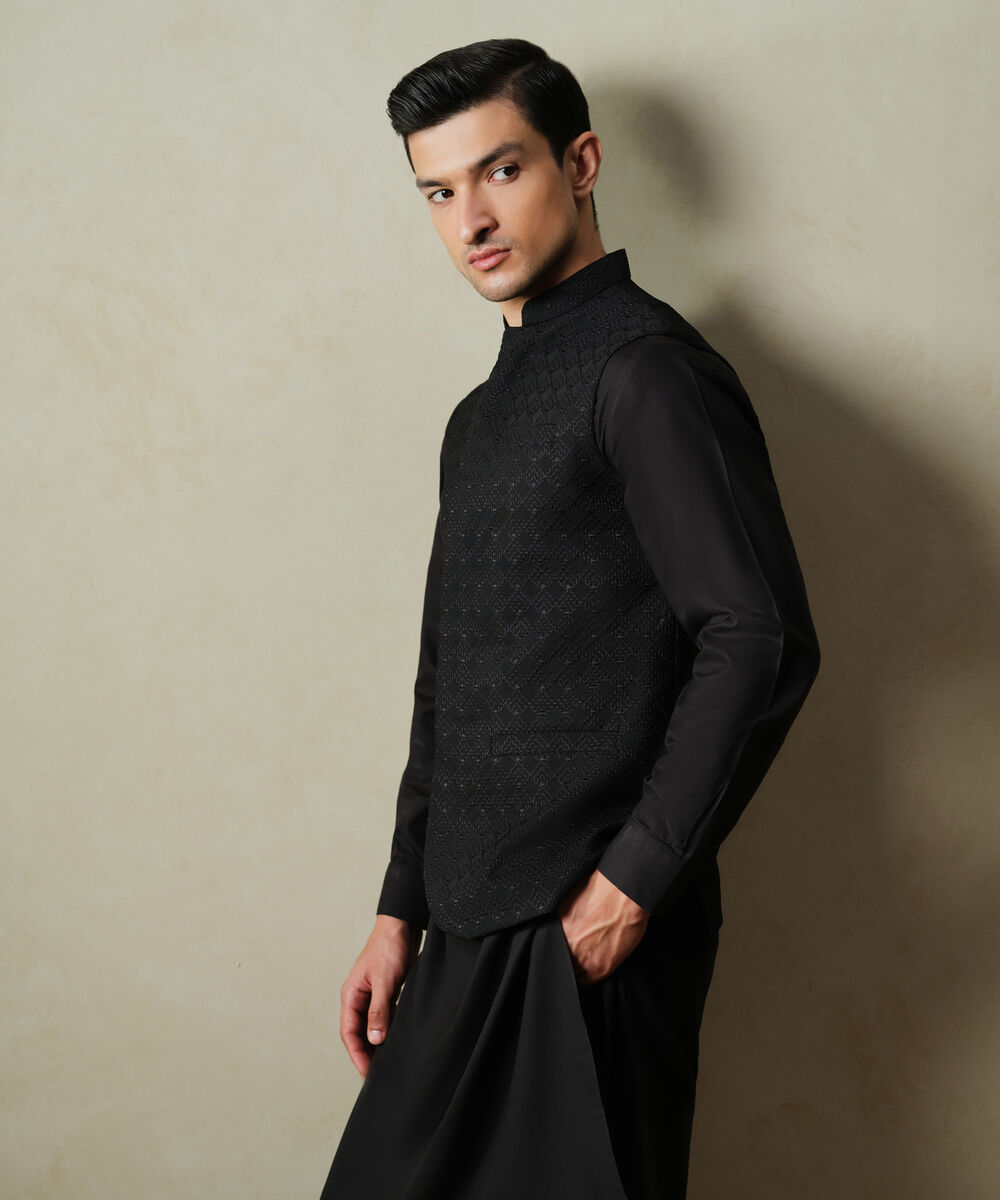 Men's Textured Wash & Wear Embroidered Black Waist Coat