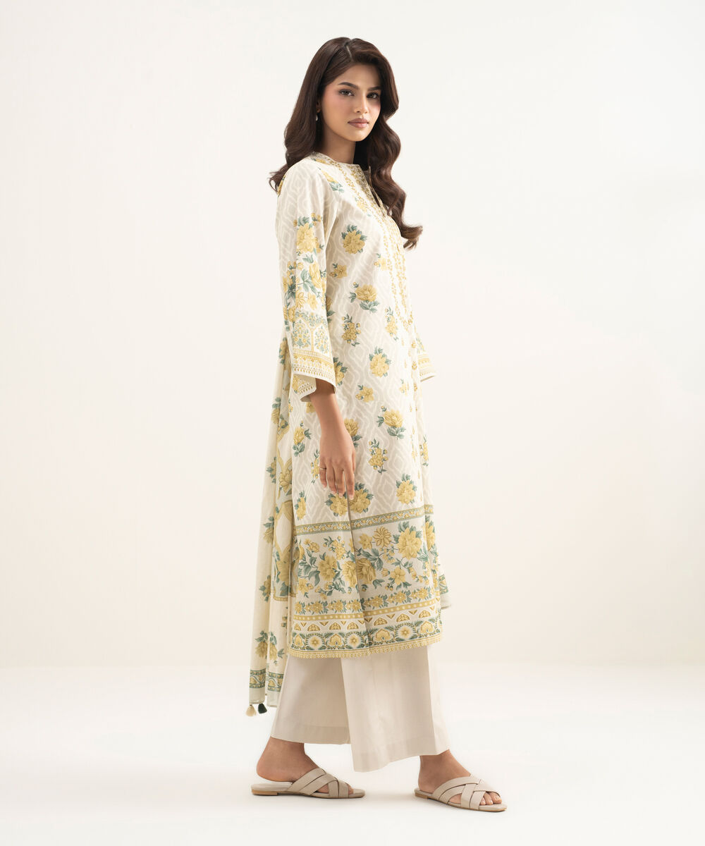 Women's Unstitched Lawn Printed Beige 3 Piece Suit