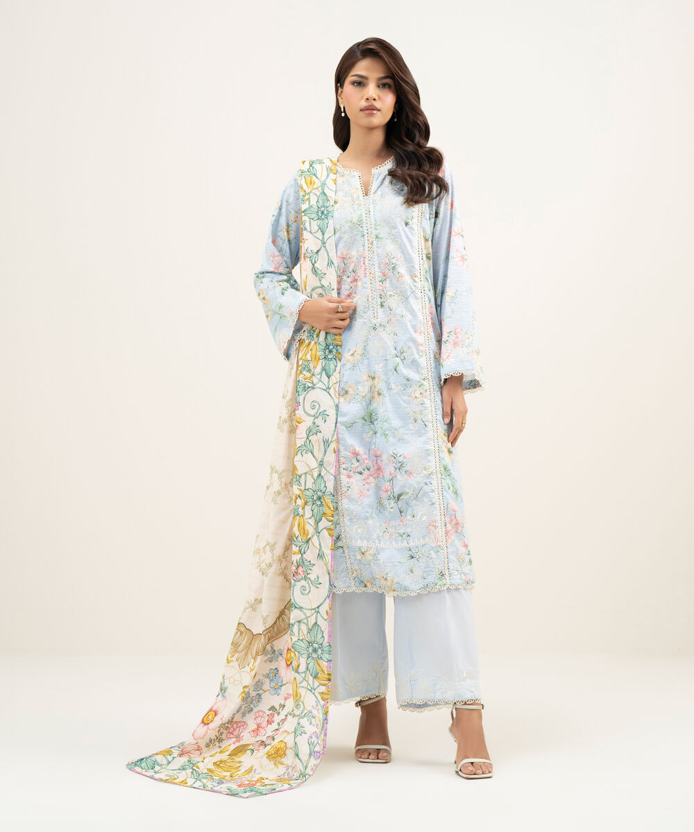 Women's RTW Lawn Embroidered Ice Blue 3 Piece Suit