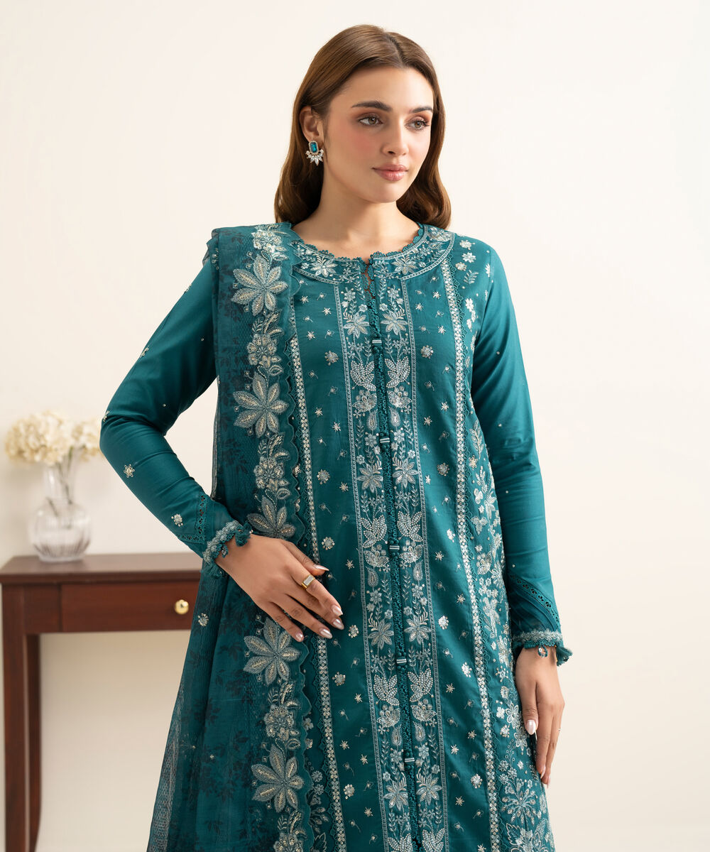 Women's Unstitched Fine Cotton Satin Embroidered Green 3 Piece Suit