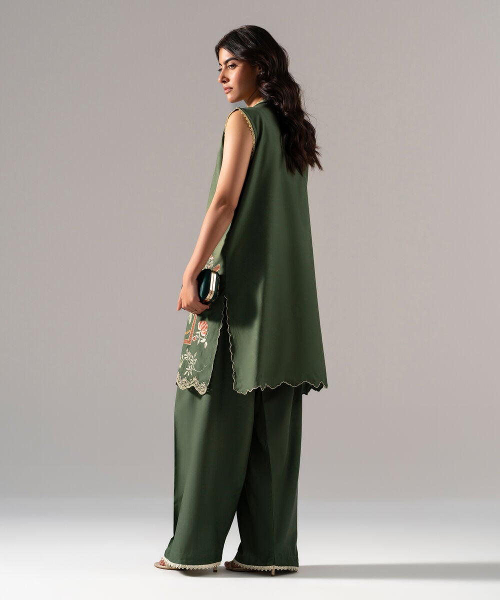 Women's RTW Solid Embroidered Green Cotton Viscose Shirt