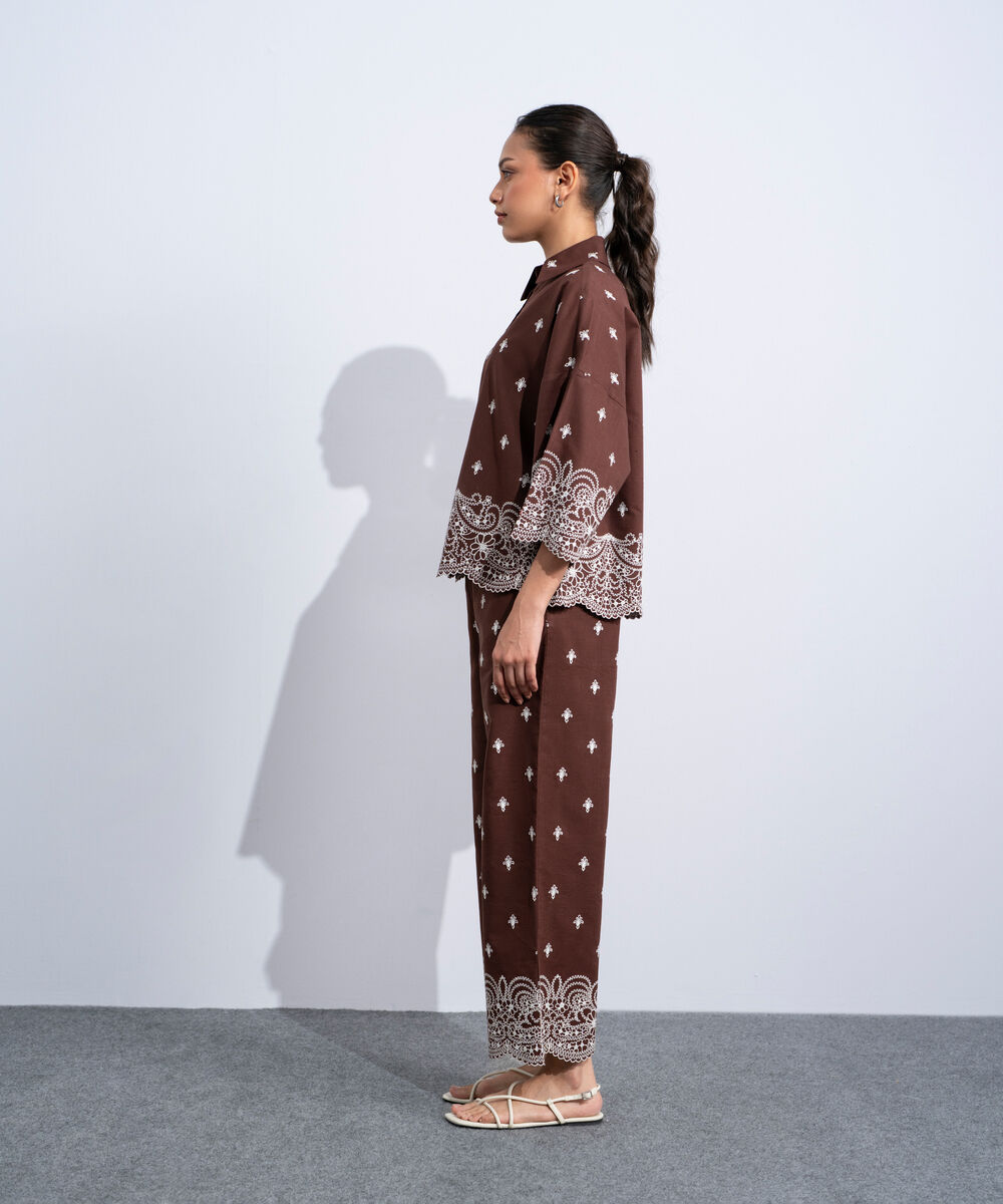 Women's Western Brown Embroidered Straight-Fit Trousers