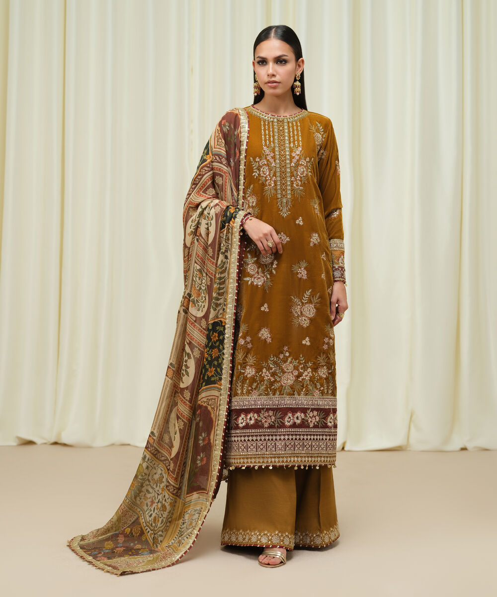 Women's Unstitched Velvet Embroidered Brown 3 Piece Suit
