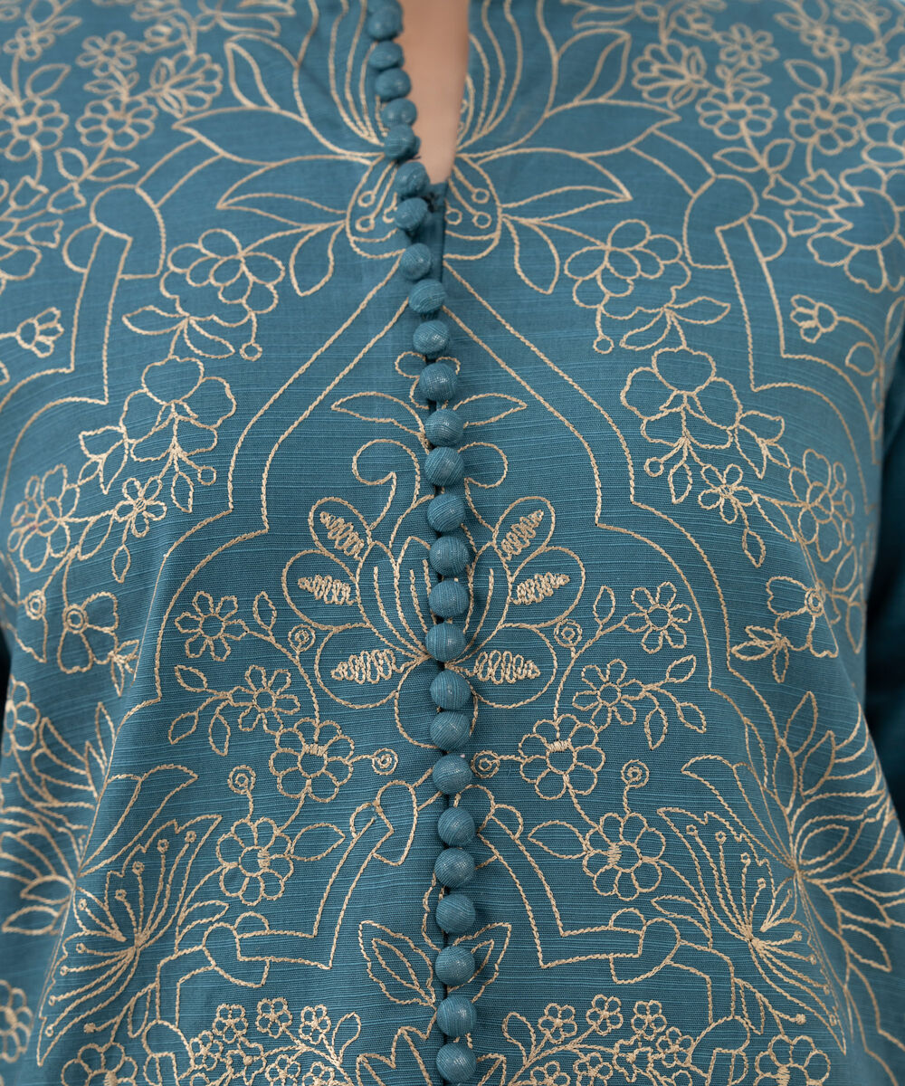 Women's Unstitched Embroidered Khaddar Teal Green 3 Piece Suit