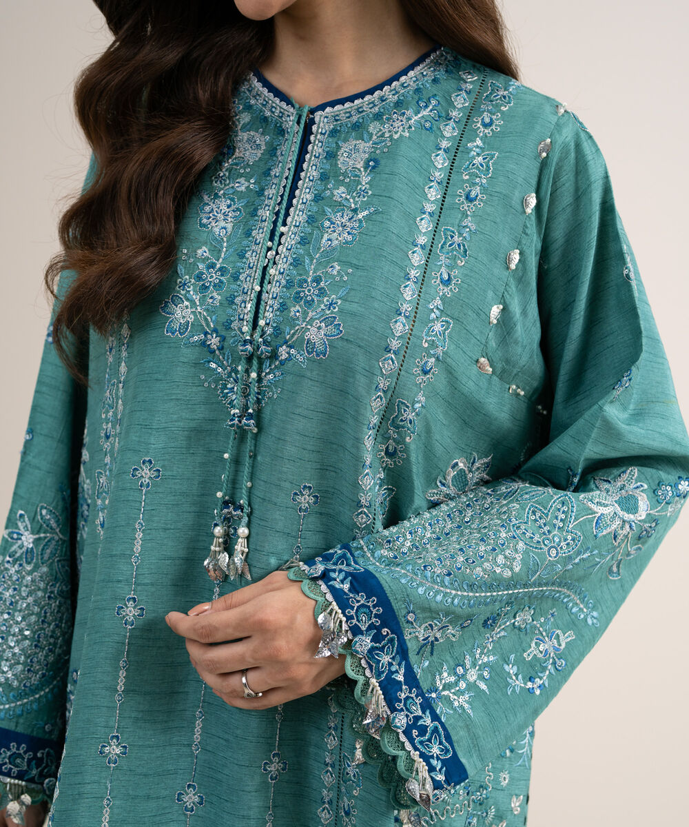 Women's Unstitched Embroidered Viscose Raw Silk Aqua 3 Piece Suit