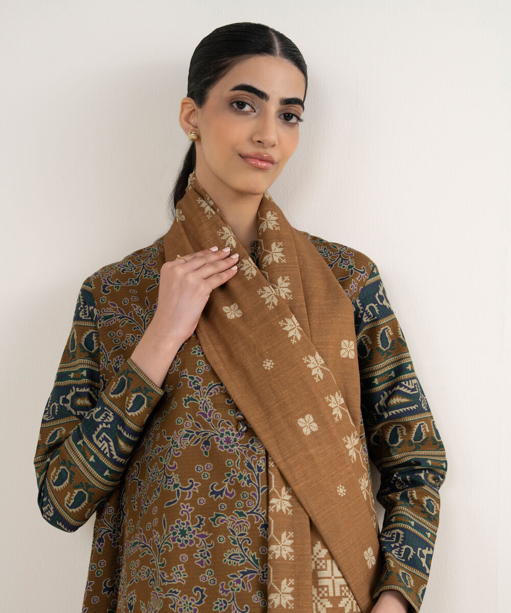 Women's Unstitched Printed Dobby Rust and Magenta 3 Piece Suit