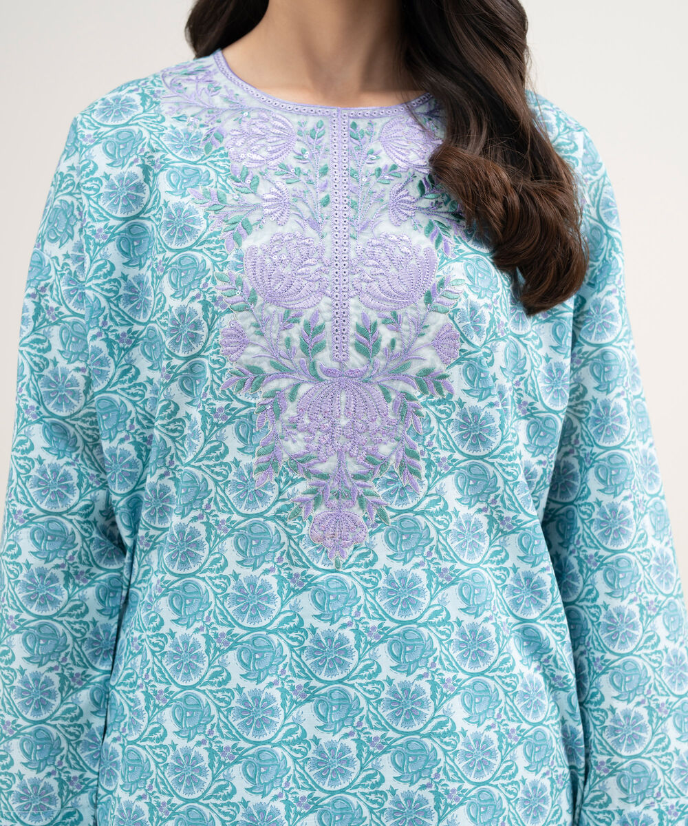Women's RTW Slub Lawn Embroidered Blue Drop Shoulder Shirt