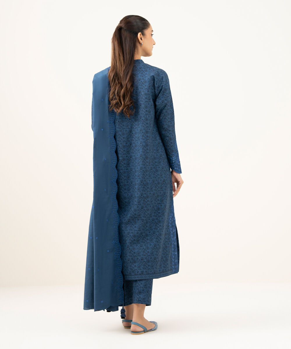 Women's Unstitched Cotton Embroidered Blue 3 Piece Suit