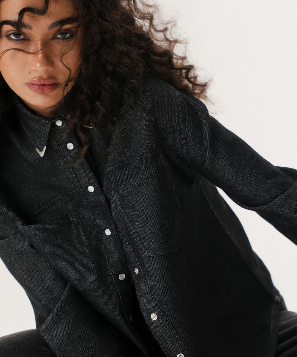 Women's Western Wear Grey Metal Tipped Denim Shirt