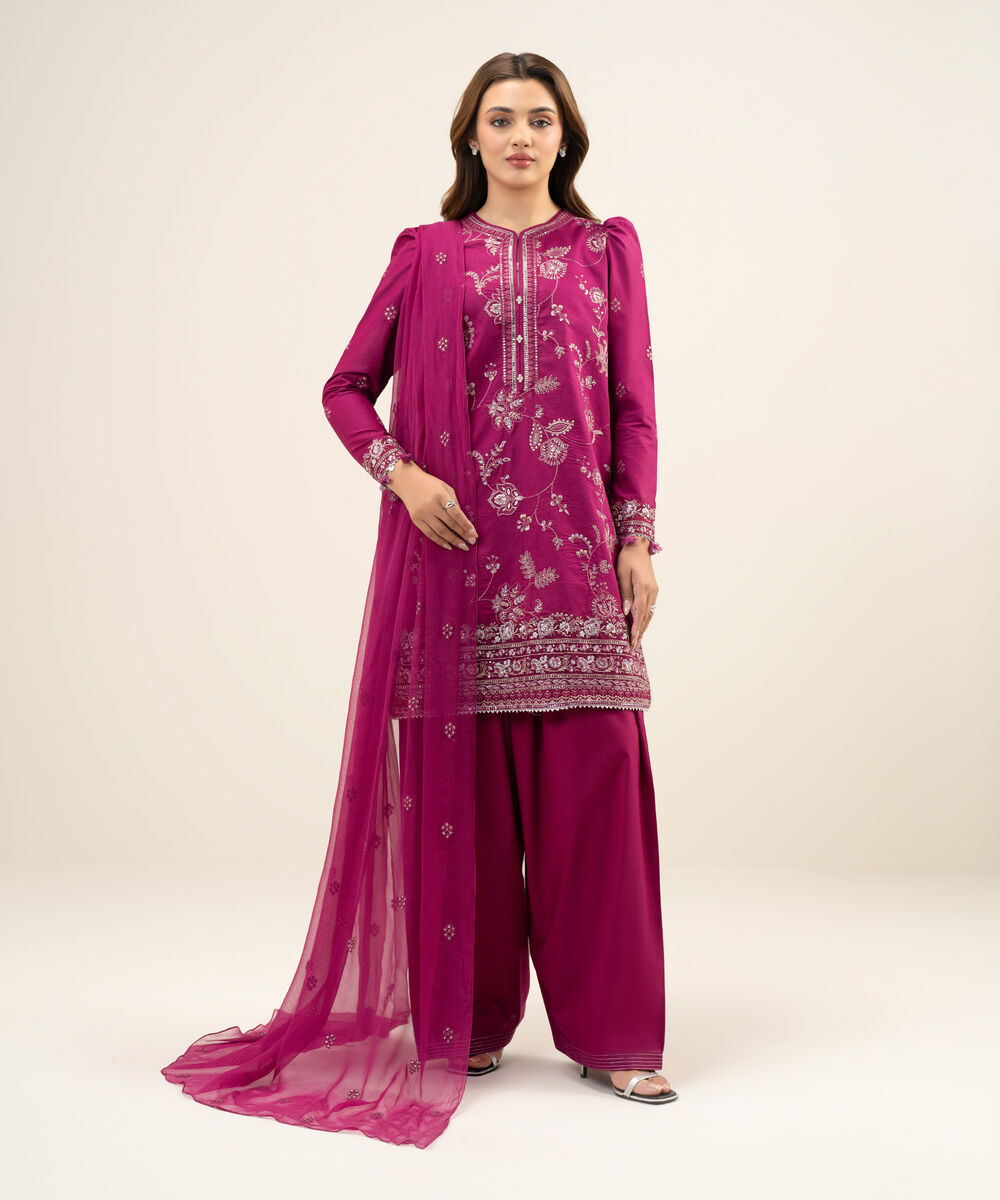 Women's Unstitched Textured Lawn Pink Embroidered 3 Piece Suit