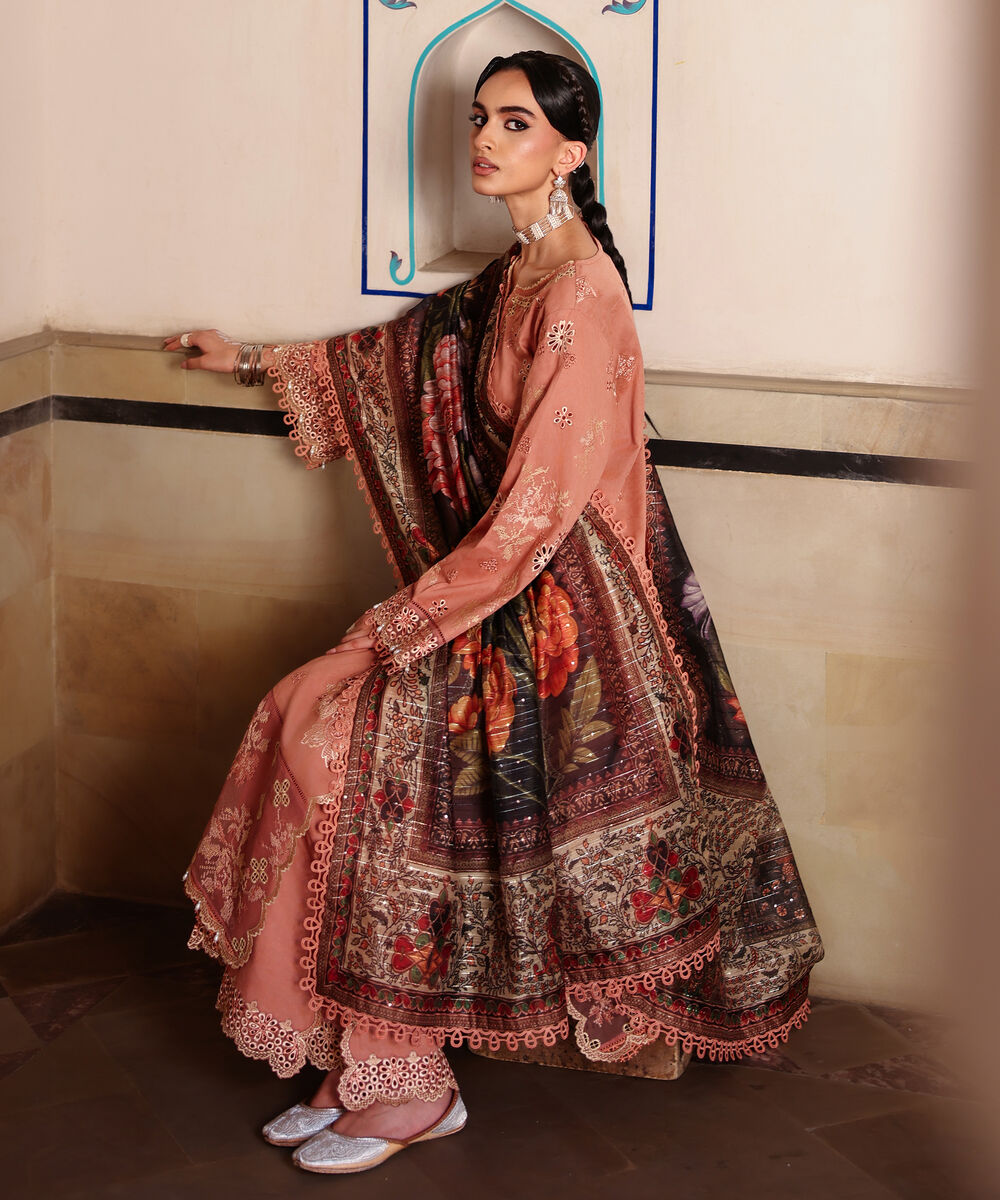 Women's RTW Self Jacquard Embroidered Blue 3 Piece Suit