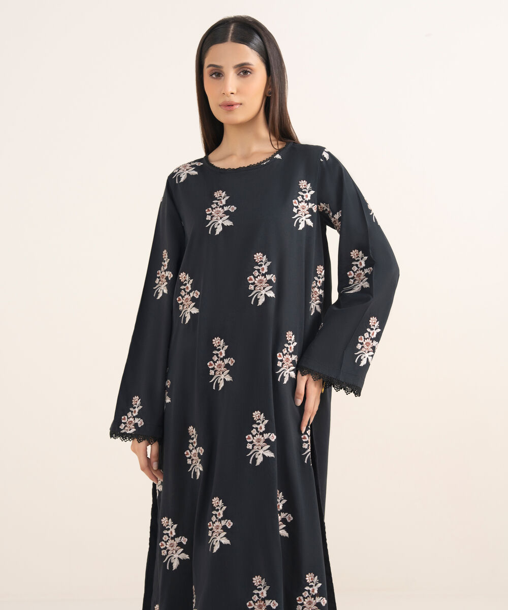 Women's RTW Lawn Viscose Black Embroidered A-Line Shirt