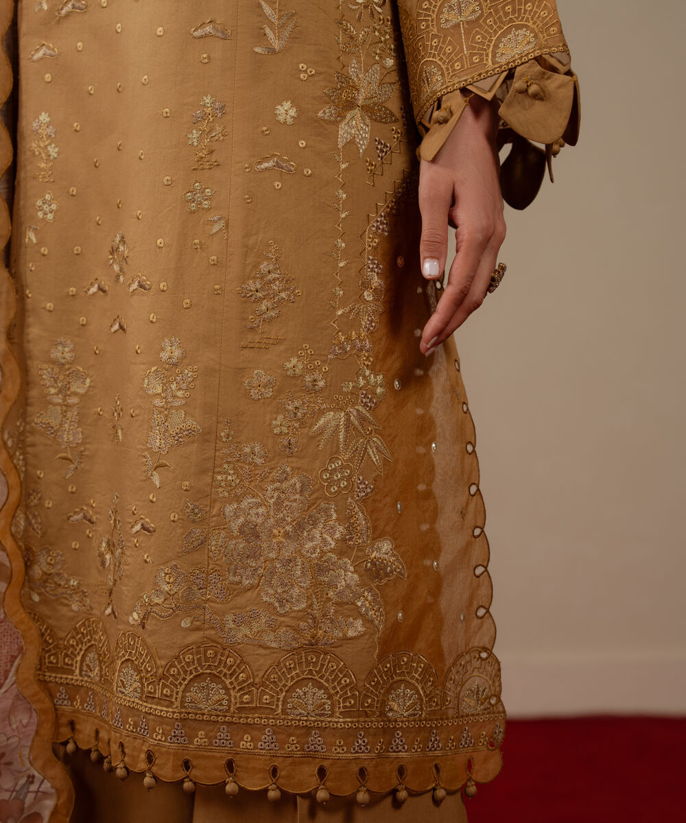 Women's Unstitched Textured Lawn Brown Embroidered 3 Piece Suit