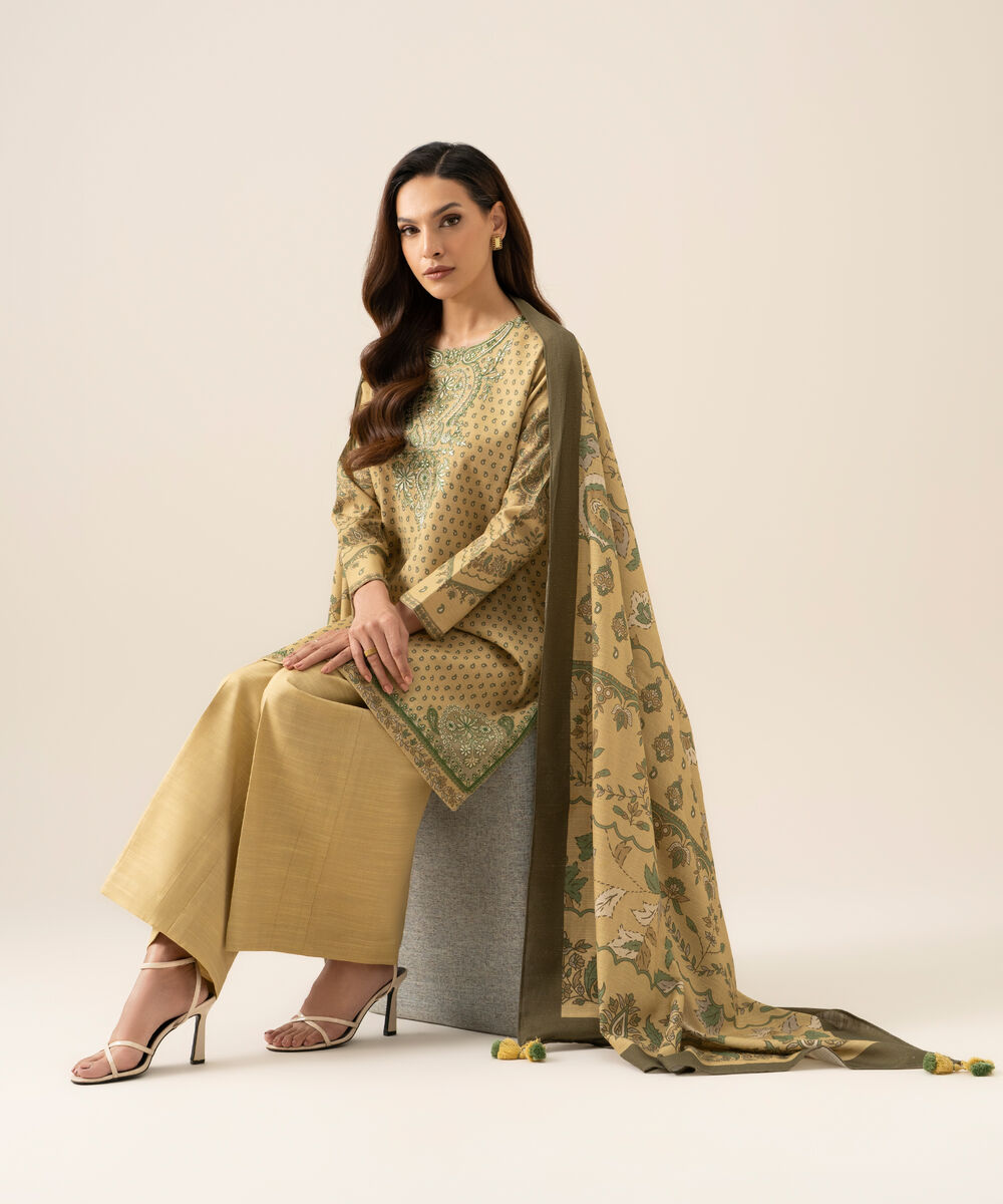 Women's Unstitched Cotton Embroidered Beige 3 Piece Suit