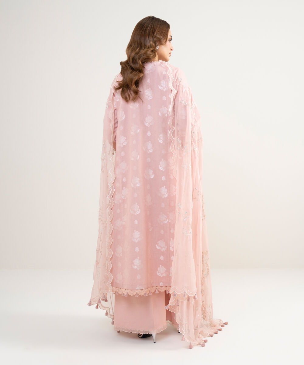 Women's Unstitched Extra Weft Jacquard Embroidered Pink 3 Piece Suit