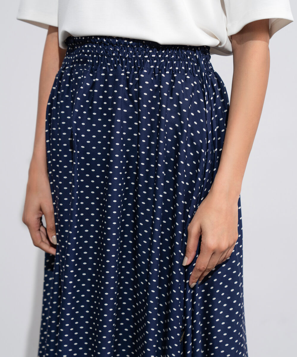 Women's Western Blue And  White Polka Dots Smocked Skirt