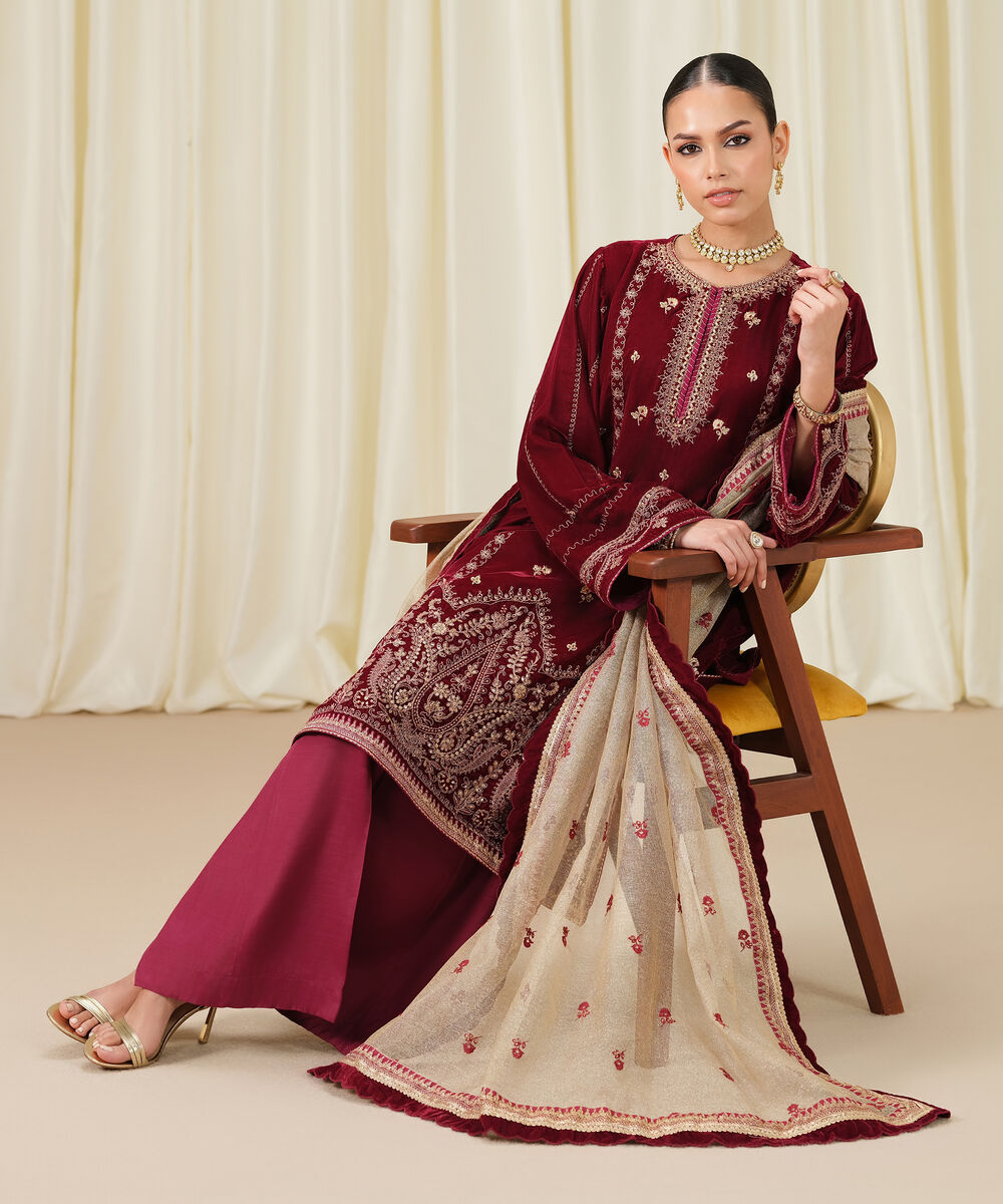 Women's Unstitched Embroidered Velvet Red 3 Piece Suit