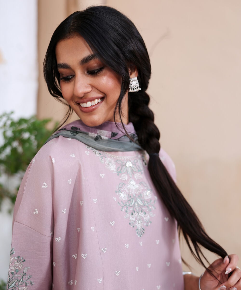 Women's Unstitched Textured Lawn Embroidered Pink  3 Piece Suit