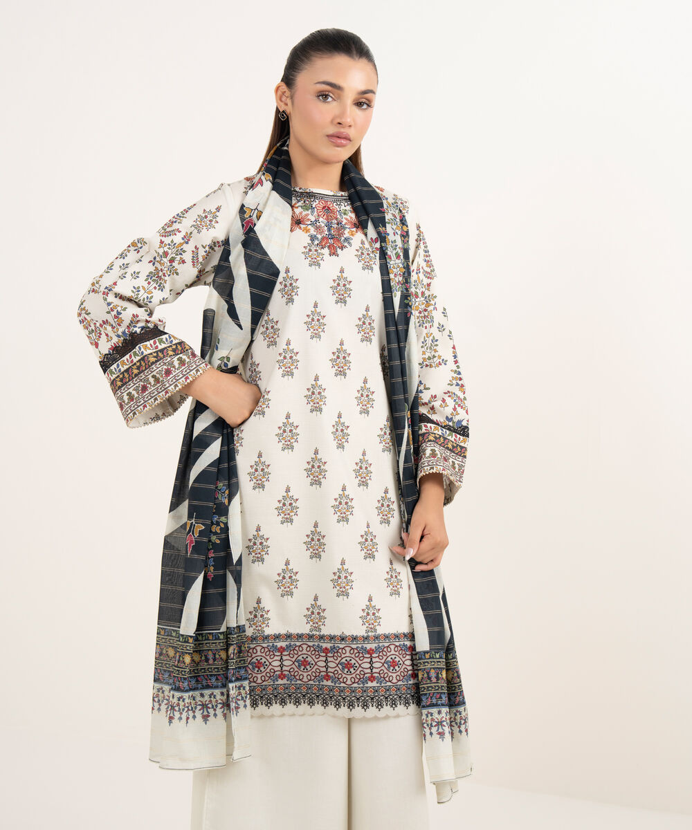Women's Unstitched Textured Cotton Embroidered Multi 3 Piece Suit