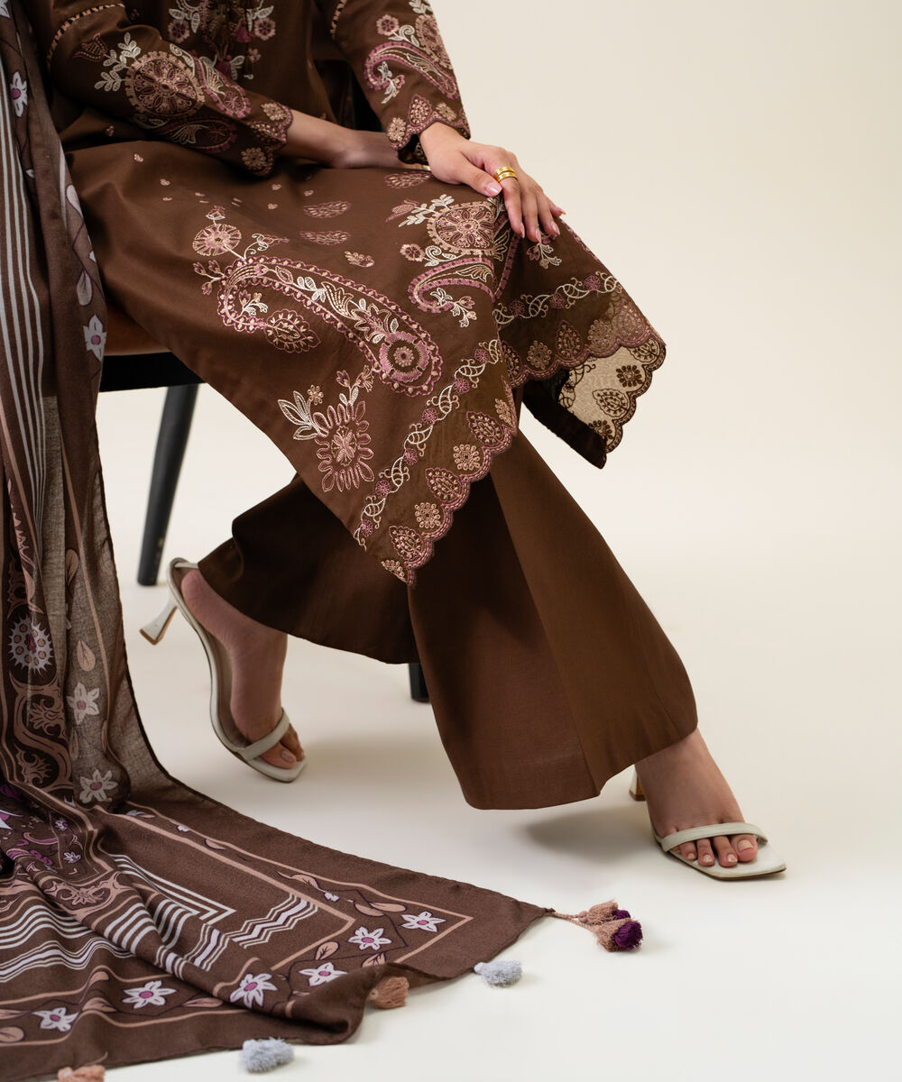 Women's Unstitched Cotton Twill Embroidered Brown 3 Piece Suit