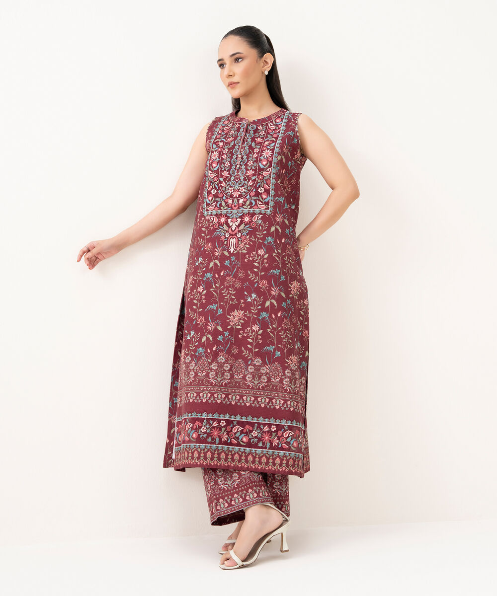 Women's Unstitched Khaddar Embroidered Red 2 Piece Suit