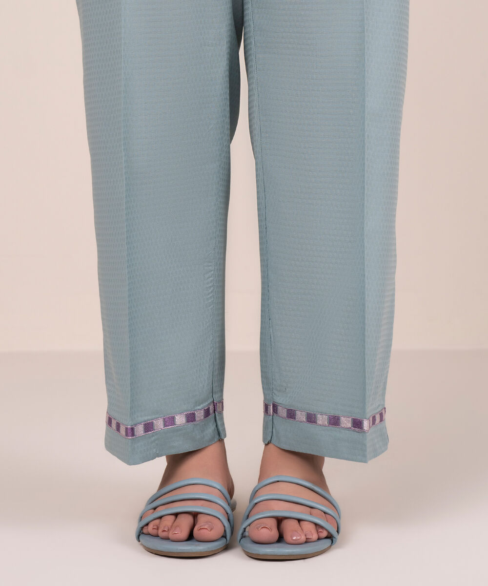 Women's RTW Dobby Embroidered Blue Straight Pants