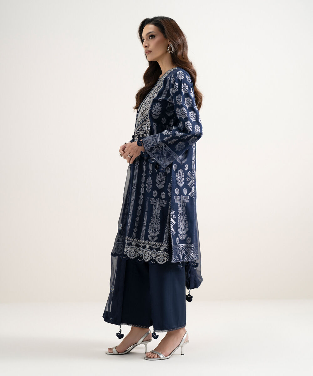 Women's Unstitched Extra Weft Jacquard Embroidered Blue 3 Piece Suit