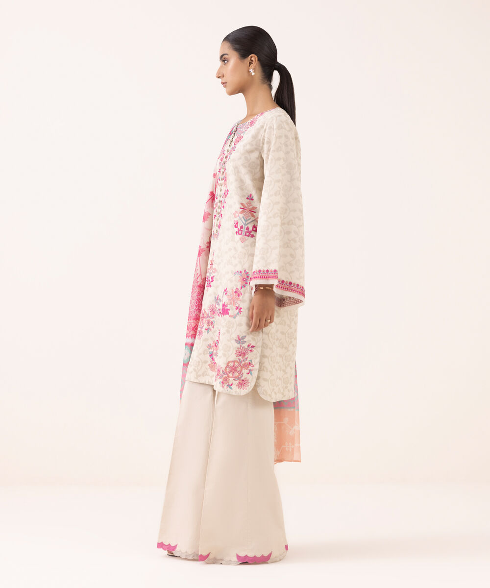 Women's Unstitched Jacquard Embroidered Off White Three Piece Suit