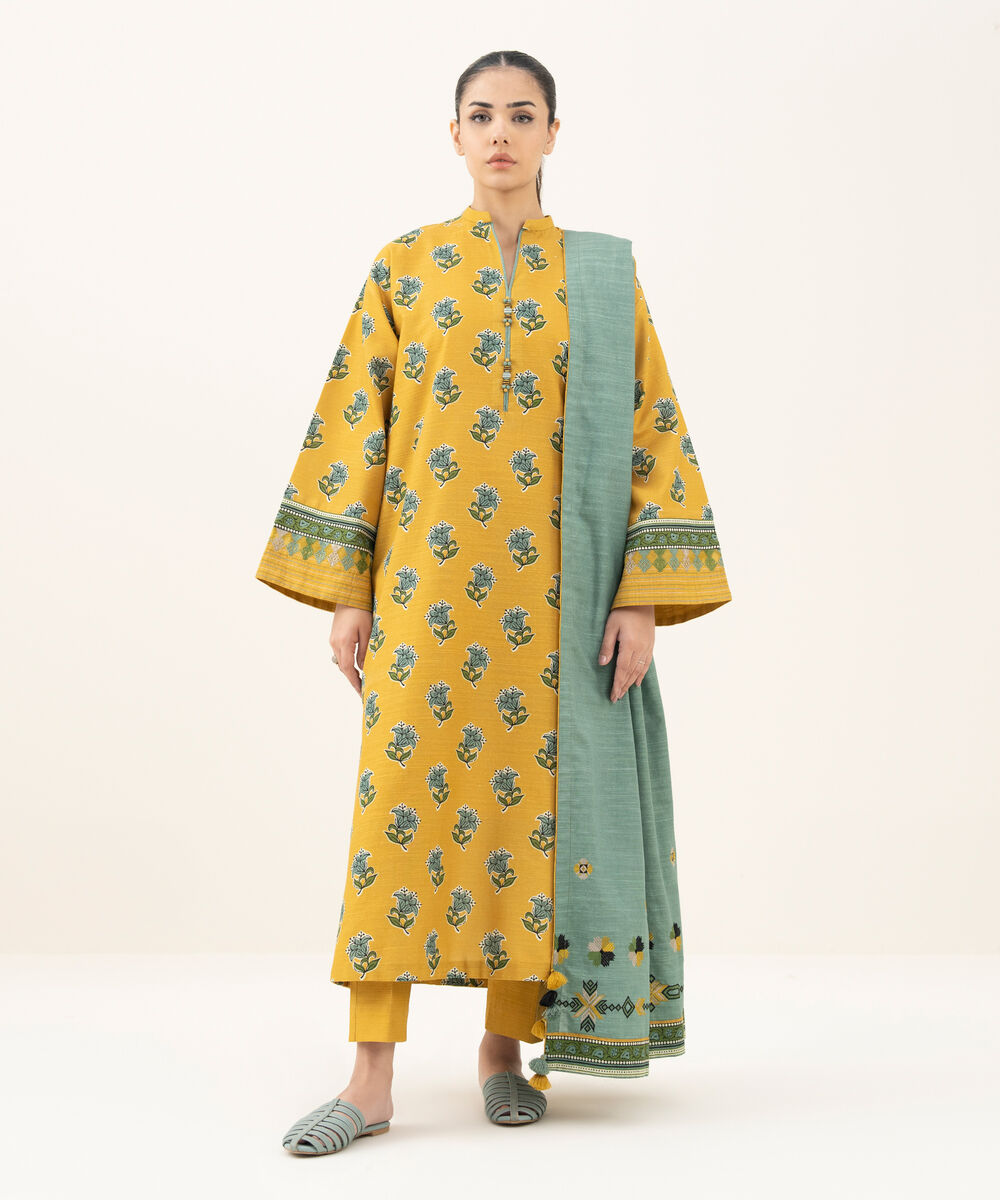 Women's Unstitched Printed Khaddar Mustard 3 Piece Suit