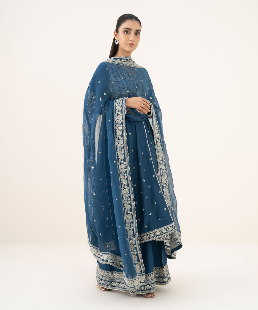 Women's RTW Raw Silk Embroidered Blue 3 Piece Suit