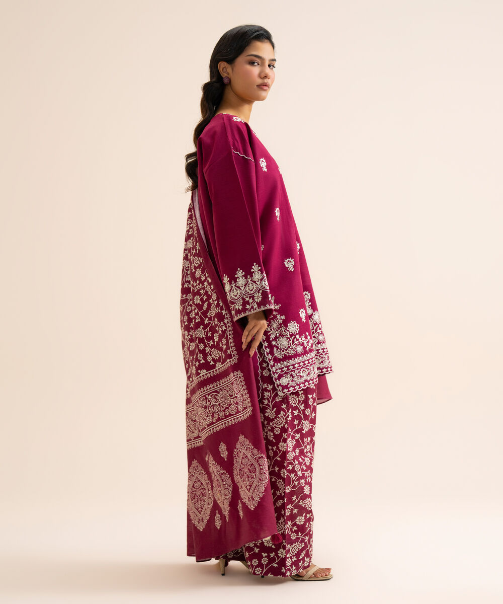 Women's Unstitched Light Khaddar Embroidered Plum 3 Piece Suit