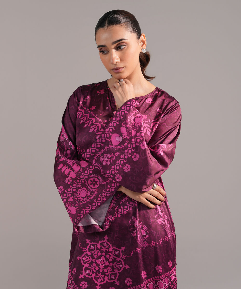 Women's RTW Blended Satin Printed Purple 2 Piece Suit