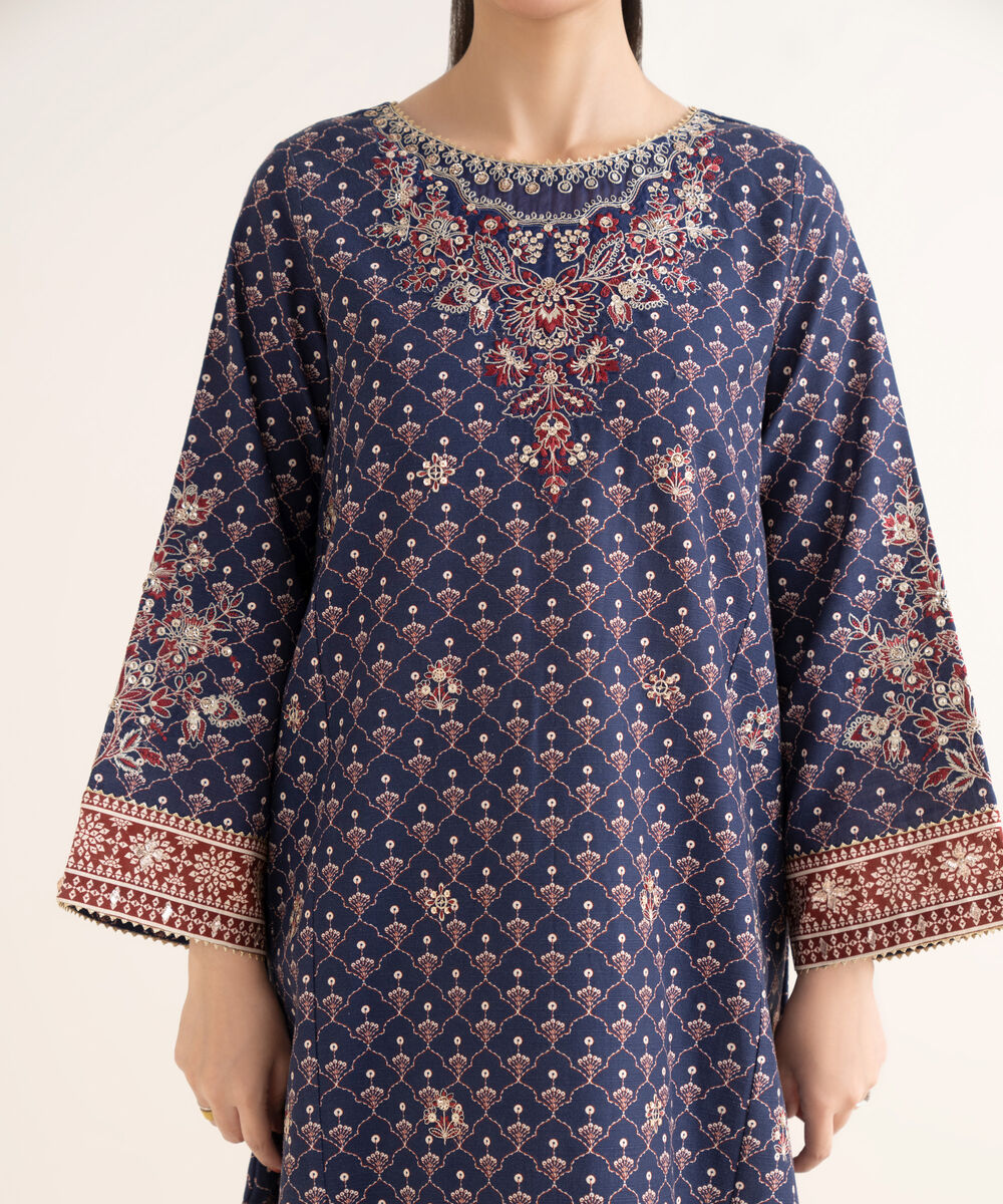 Women's Unstitched Embroidered Khaddar Blue 3 Piece Suit