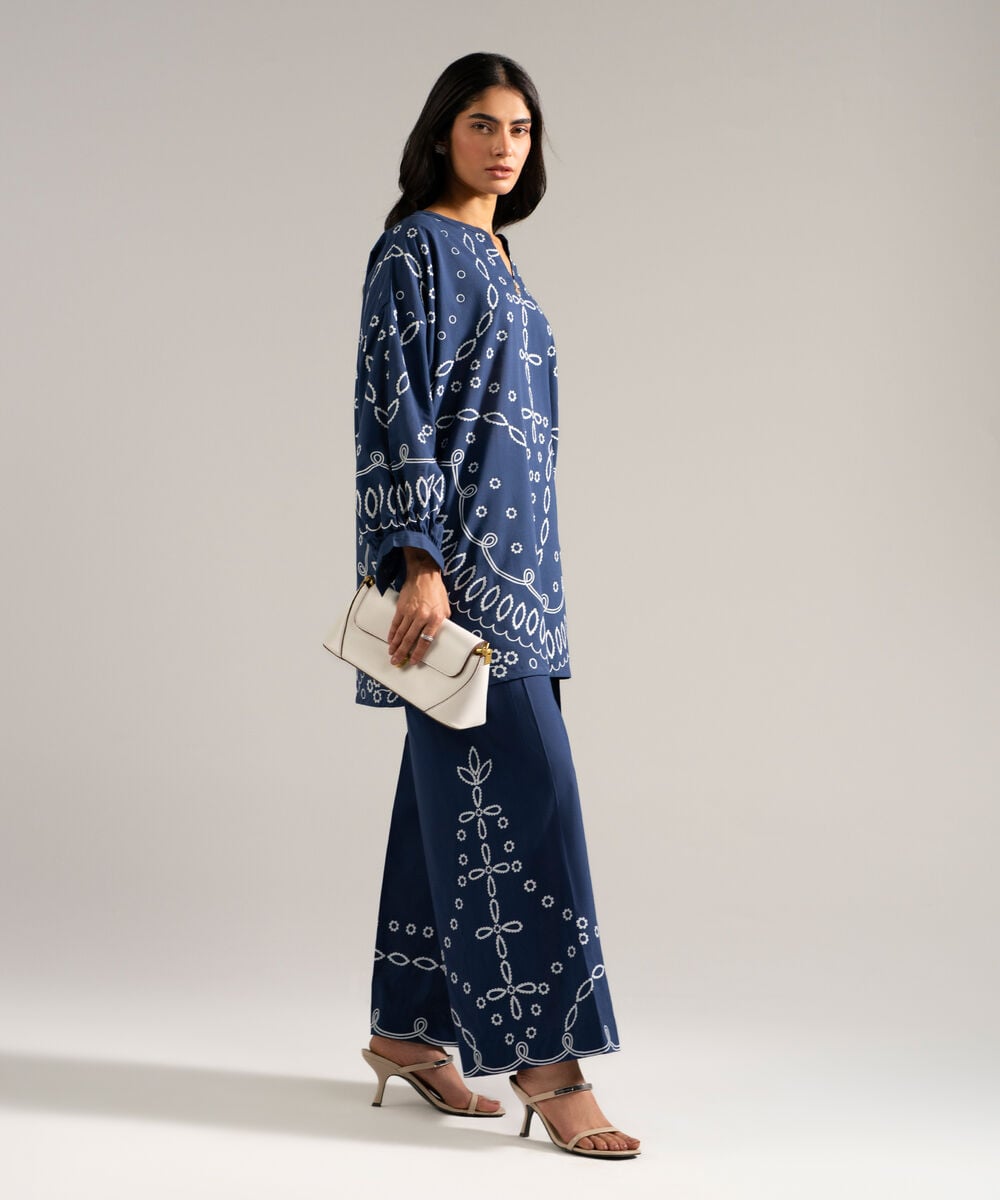 Women's RTW Slub Lawn Printed Blue 2 Piece Suit