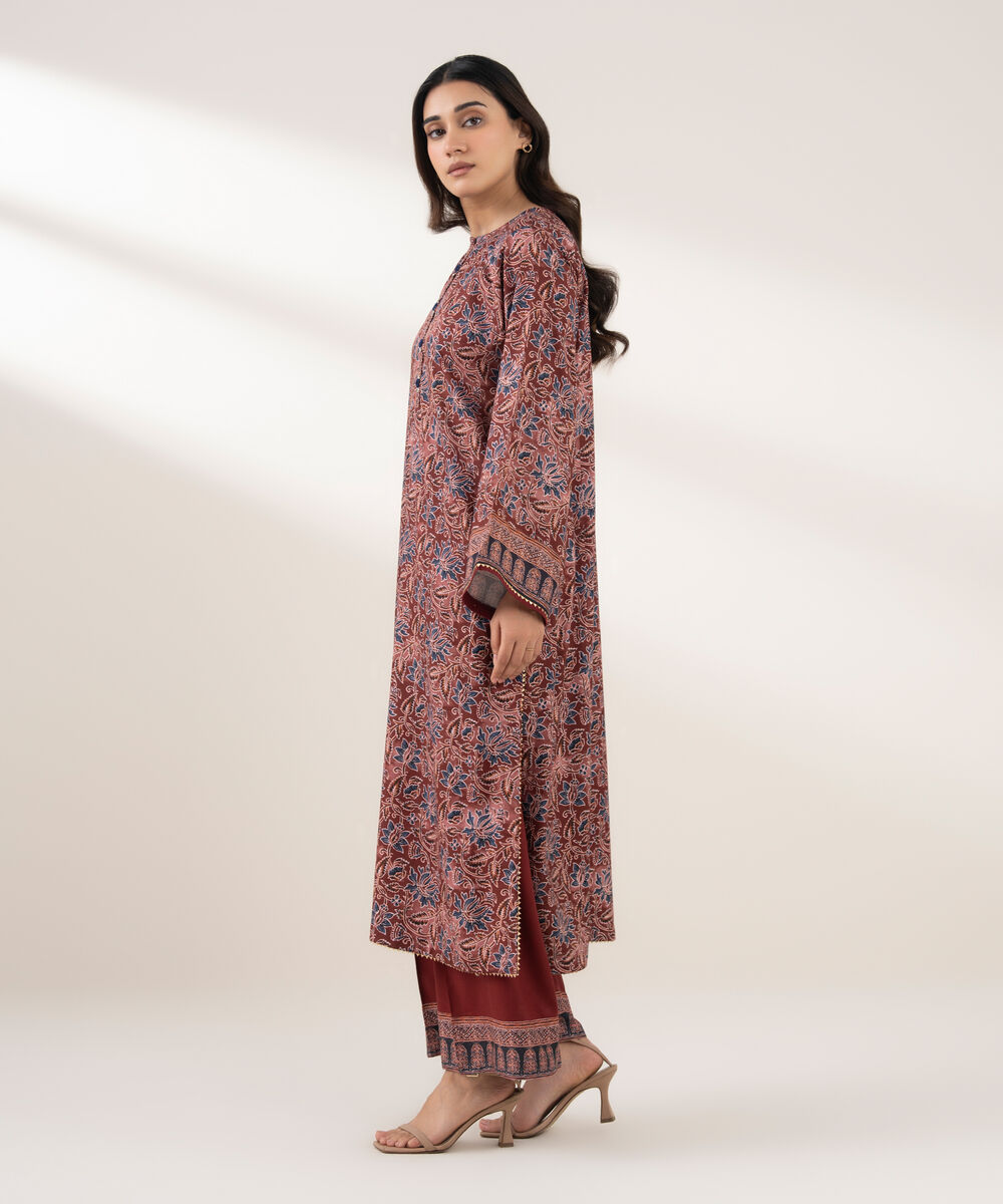 Women's RTW Viscose Linen Printed Straight Maroon Shirt