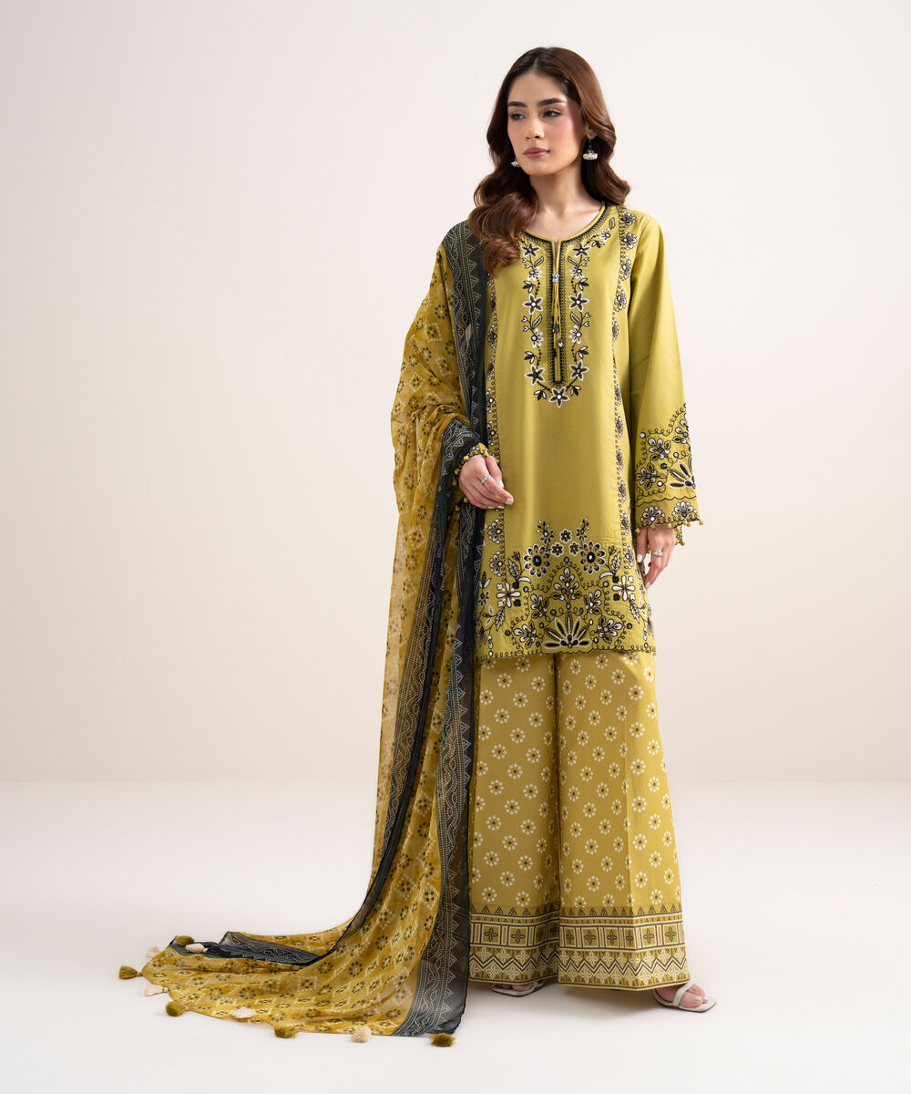 Women's Unstitched Lawn Embroidered Yellow 3 Piece Suit
