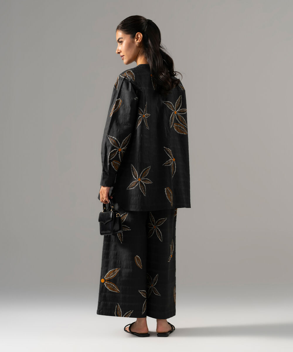 Women's RTW Seersucker Printed Black 2 Piece Suit