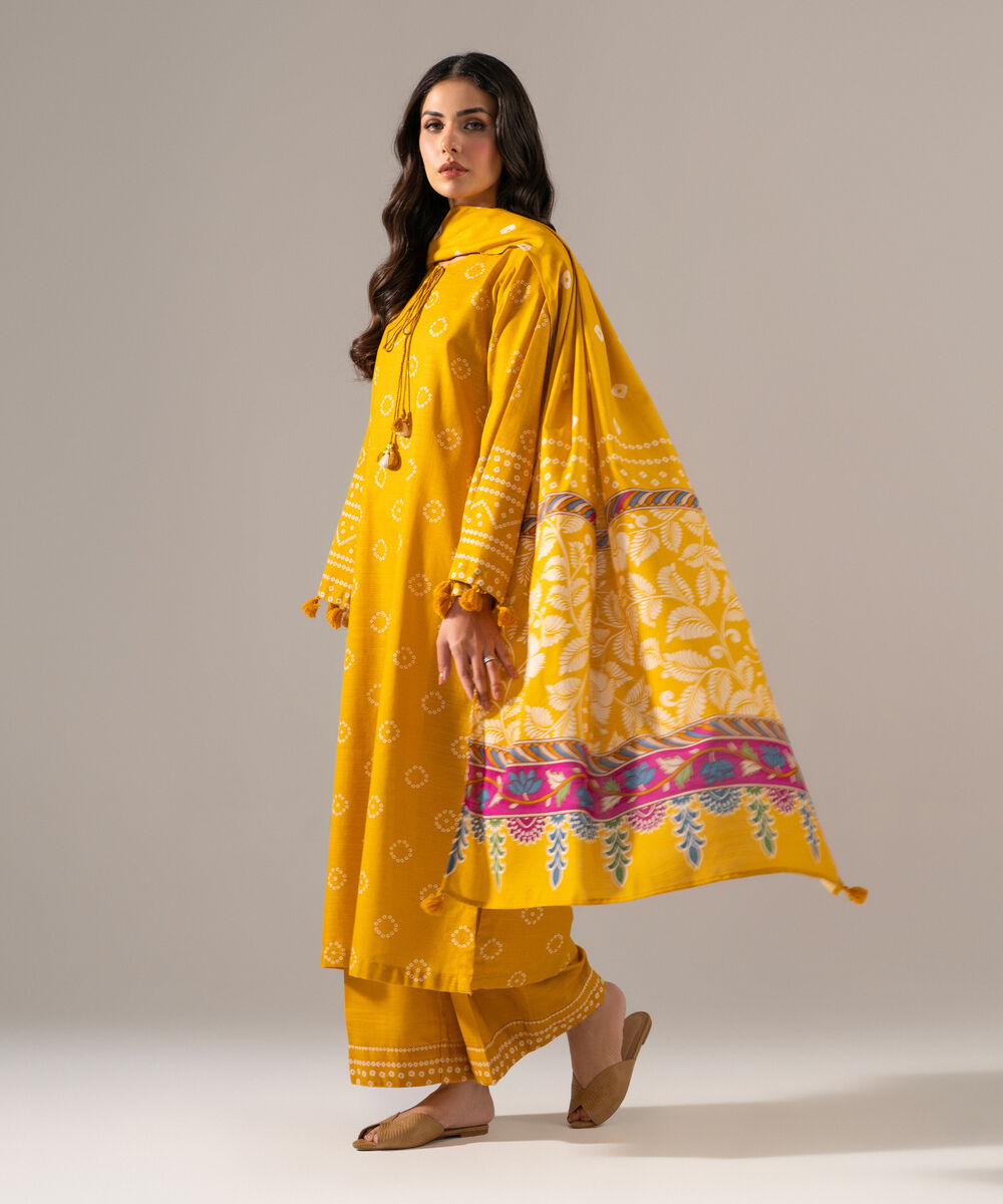Women's RTW Khaddar Printed Yellow 3 Piece Suit