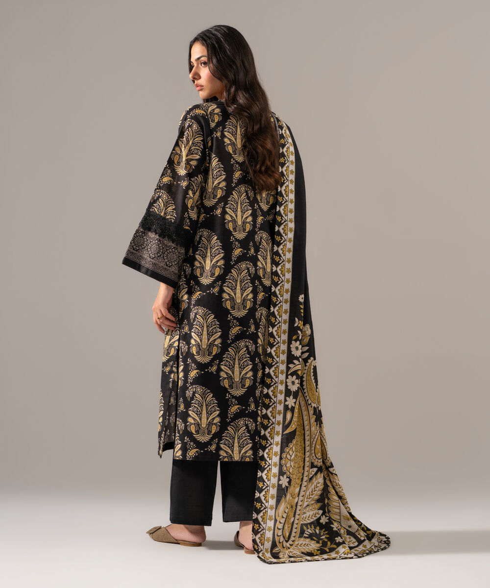 Women's RTW Khaddar Printed Black 3 Piece Suit