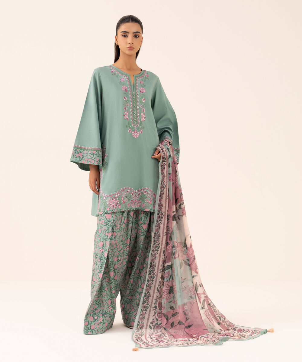 Women's Unstitched Cotton Viscose Embroidered Green 3 Piece Suit