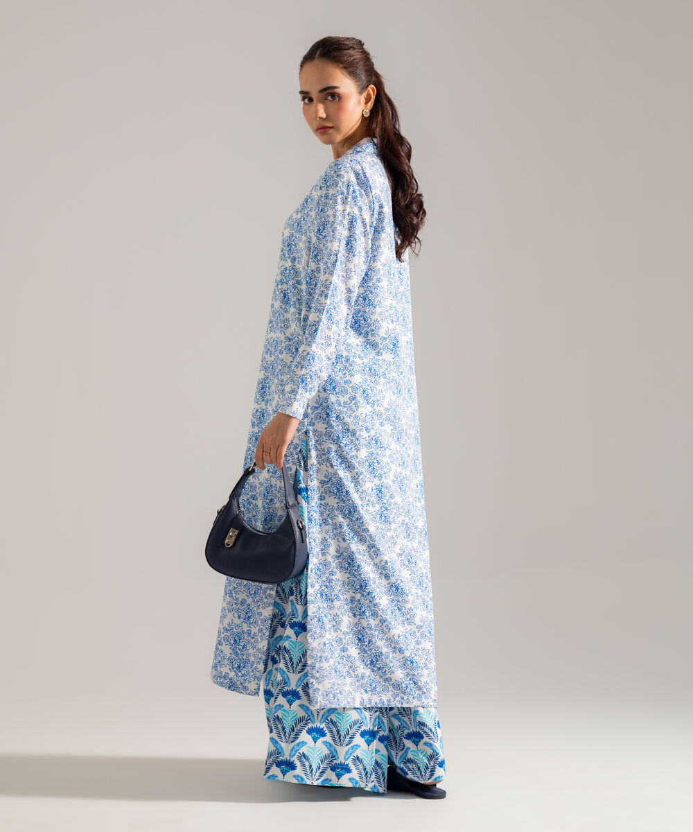 Women's RTW Printed White Viscose Linen 2 Piece Suit