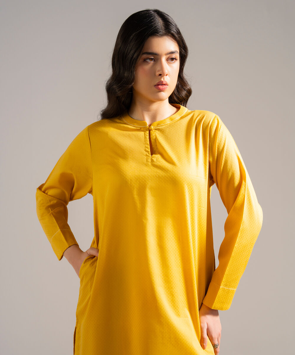 Women's RTW Dobby Solid Yellow Straight Shirt