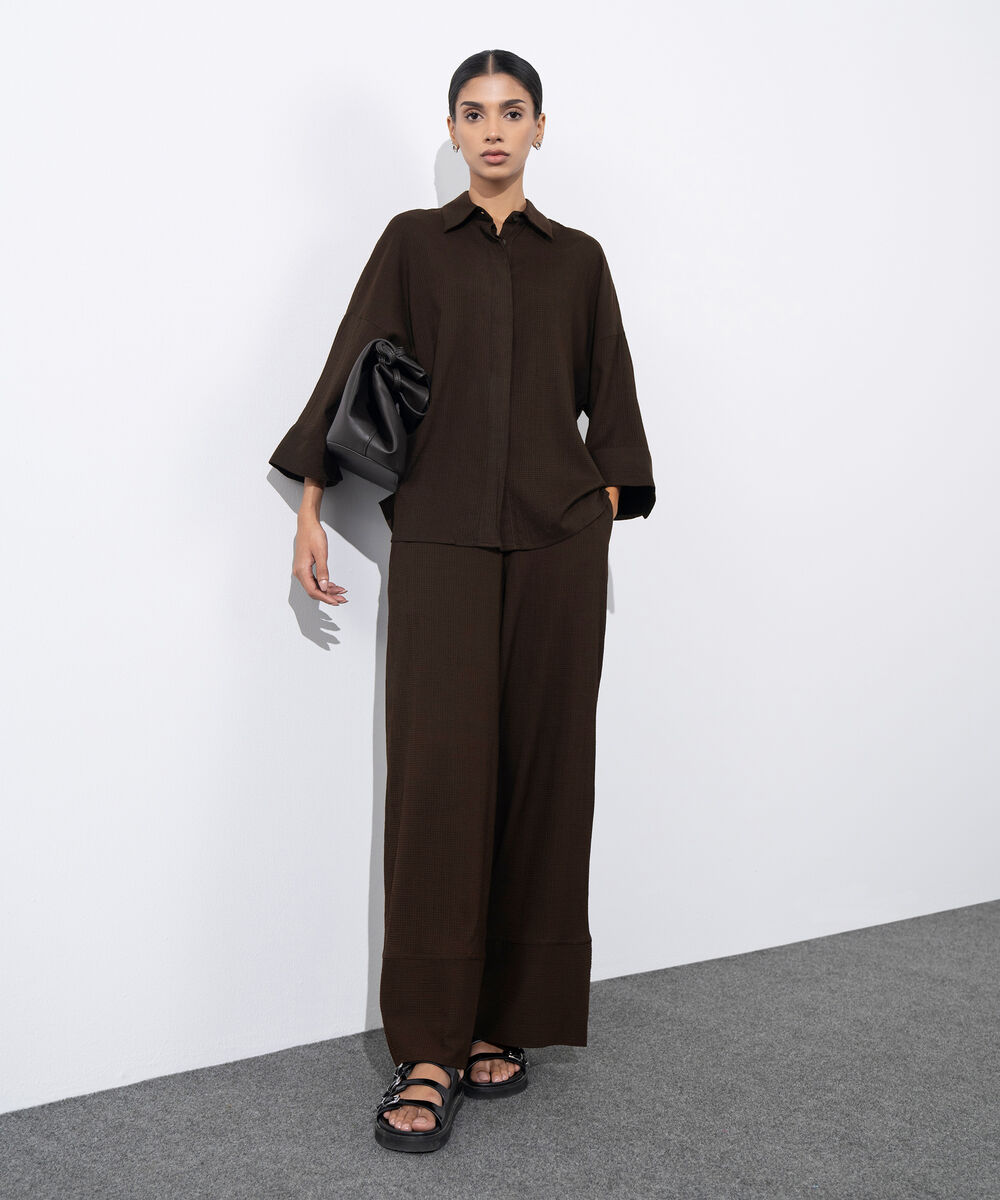 Women's Western Wear Brown Seersucker Button Through Shirt